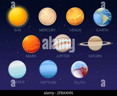 Satz aller Planeten des Sonnensystems Astronomie Symbole Vektor-Illustration Auf tiefem Himmel Hintergrund Stock Vektor