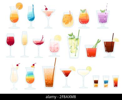 Große Auswahl an tropischen exotischen alkoholischen und alkoholfreien Cocktails vektorgrafik auf weißem Hintergrund Stock Vektor