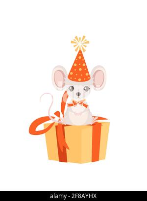 Nette Maus in einem Kegelkappe sitzt in Geschenkbox Geburtstag Tier Konzept Cartoon Tier Design Vektor Illustration auf weißem Hintergrund Stock Vektor