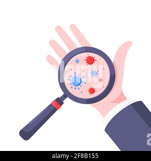 Keime, Bakterien und Viren auf schmutzigen Handflächen Vektorgrafik isoliert auf weißem Hintergrund. Handfläche und Viren mit Lupe sichtbar. Waschen Stock Vektor