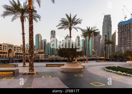 Dubai, VAE - 04. März 2021: Palmen, die vom Licht beleuchtet werden, auf dem Platz vor der Dubai Mall Stockfoto