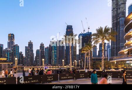 Dubai, VAE - 04. März 2021: Palmen, die vom Licht beleuchtet werden, auf dem Platz vor der Dubai Mall Stockfoto