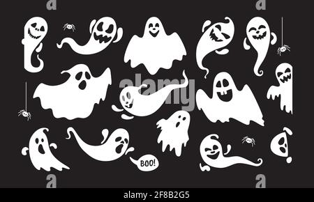 Niedliche Geist Urlaub Zeichen flachen Stil Design Vektor Illustration Set isoliert auf dunklem Hintergrund. Halloween Haunted boo gruseliges Symbol, das über dem Bild fliegt Stock Vektor