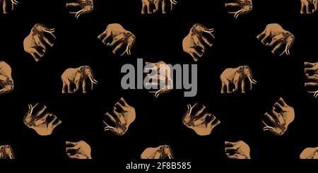 ETHNISCHER TREND. MALEREI IM AFRIKANISCHEN STIL. NAHTLOSES AFRIKANISCHES MUSTER. TRADITIONELLES MUSTER. Savannentiere. Elefant. Vektorgrafik. Mode. Stock Vektor