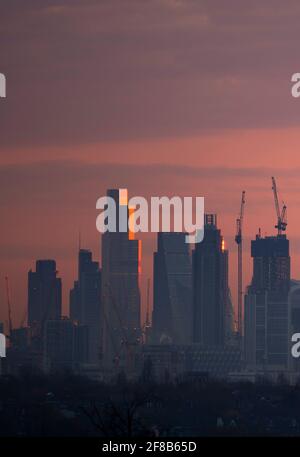 Die Skyline von London bei Tagesanbruch am 13. April 2021 mit hohen Baukräne zwischen den Wolkenkratzern der Stadt. Kredit; Malcolm Park/Alamy Stockfoto
