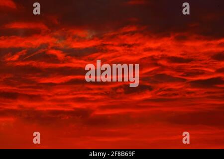 Wolkiger dunkelroter Sonnenuntergang. Schöne Abenddämmerung in der wilden Natur. Dramatischer oranger Himmel über tropischem Wald in Costa Rica. Stockfoto