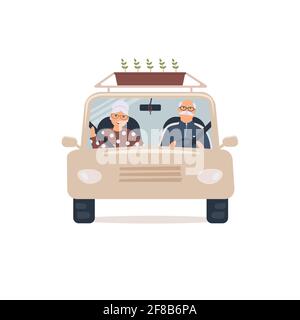 Ältere Männer und Frauen sitzen auf dem Vordersitz des Autos und schauen durch die Windschutzscheibe.Vorderansicht. Nette verheiratete Rentner gehen in Datscha oder in den Garten Stock Vektor