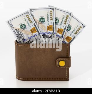 100-Dollar-Banknoten in der Ledertasche isoliert auf weißem Hintergrund. 3D-Illustration. Stockfoto