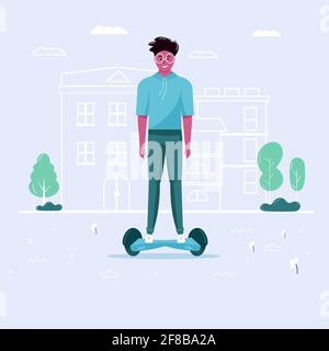Junge Männer fahren Scooter, Öko-Stadtverkehr im öffentlichen Park. Persönlicher elektrischer Transport, grüner Elektro-Scooter. Ökologisches Fahrzeug, Stadtleben con Stock Vektor