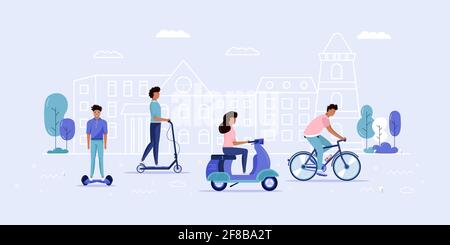 Männer und Frauen fahren im öffentlichen Park Öko-Stadtverkehr. Persönlicher elektrischer Transport, grüner Elektro-Scooter, Hoverboard, Gyroscooter, Einrad und Stock Vektor