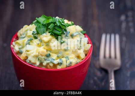 Gesunder Salat aus grünem Wildlech, pochiertem Ei und saurer Creme in roter Schüssel, Nahaufnahme. Salat mit wildem Knoblauch und gekochten Eiern Stockfoto