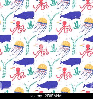 Unterwasserwesen Fische, Quallen, Kraken, Clownfische, Seeplanzen und Korallen, Set mit Meerestieren für Stoff, Textil, Tapete, Kinderzimmer-Dekor, Stock Vektor