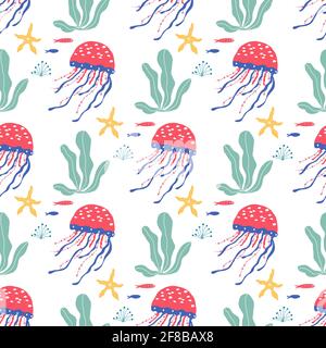 Unterwasserwesen Fische, Quallen, Kraken, Clownfische, Seeplanzen und Korallen, Set mit Meerestieren für Stoff, Textil, Tapete, Kinderzimmer-Dekor, Stock Vektor