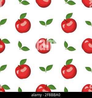 Nahtloser Hintergrund mit roten Äpfeln und Blättern. Ein süßer Sommer- oder Frühlingsdruck mit ganzen Früchten. Festliche Dekoration für Textilien, Geschenkpapier und Stock Vektor