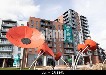 Riesige Mohnskulpturen auf der Verkehrsinsel vor dem Solihull Village Extraare Apartments Stockfoto