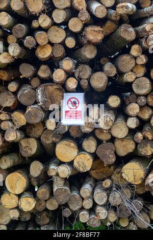 Steigen Sie nicht auf Holzstapel Schild, Sutton, Suffolk, England, Großbritannien Stockfoto