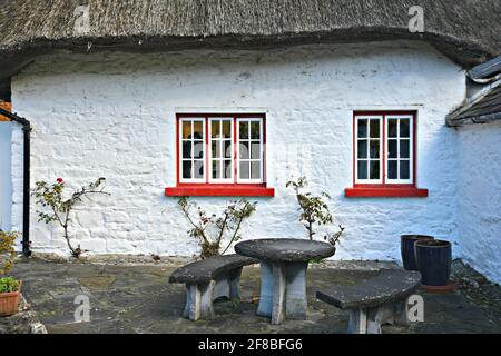 Ursprüngliches Haus aus dem 19. Jahrhundert mit Strohdach und weiß gestrichenen Wänden, roten Holzfenstern und Steinmöbeln auf der Veranda in Adare, Limerick, Irland. Stockfoto