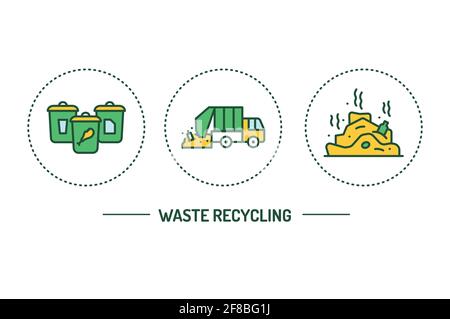 Abfallrecycling Farbliniensymbole Konzept. Mülltrennung. Zero Waste Lifestyle. Piktogramme für Webseite, mobile App, Promo Stock Vektor