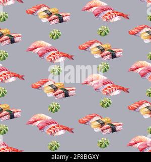 Nahtlose Muster japanische Küche Sushi und Wasabi, Aquarell Illustration. Sushi-Hintergrund. Für Design Sushi Restaurant Menü, Karten, Druck, Dekor, Stockfoto