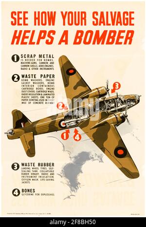 Britisches Recycling-Poster aus dem 2. Weltkrieg, siehe How Your Salvage helps a Bomber, 1942-1945 Stockfoto