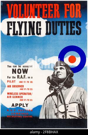 British, Rekrutierungsplakat der Royal Air Force (RAF) aus dem 2. Weltkrieg, Volunteer for Flying Oelties, 1942-1945 Stockfoto