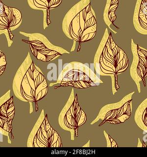 Blätter mit Ornamenten und Streifen.Vektor nahtlose Muster Kontur Blätter mit Ein Kontrastschatten Stockfoto