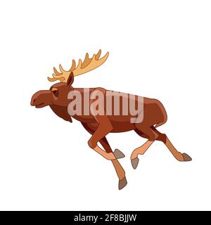 Elch läuft auf weißem, isoliertem Hintergrund. Horned Brown Elk als Herbivore Forest Animal Flat Style Vektor Illustration Stock Vektor