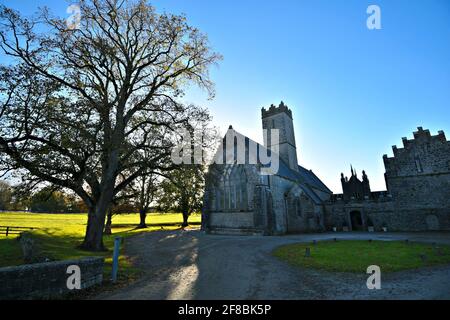 Herbstliche Landschaft mit Panoramablick auf das mittelalterliche Augustiner-Kloster (Schwarze Abtei) in Adare, Limerick, Irland. Stockfoto