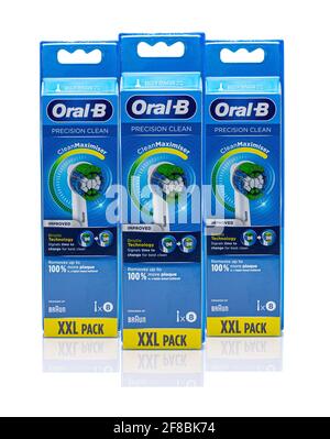 SWINDON, Großbritannien - 13. APRIL 2021: XXL-Packs mit Oral B Precision Clean-Bürstenköpfen auf weißem Hintergrund Stockfoto