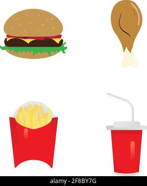 Set aus vier Arten von Fast-Food-Huhn, Burger (Cheeseburger), Soda und Pommes Frites (Bratkartoffeln). Stock Vektor