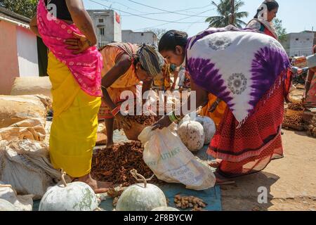 Jagdalpur, Indien - Februar 2021: Adivasi-Frauen auf dem Jagdalpur Wochenmarkt am 28. Februar 2021 in Chhattisgarh, Indien. Stockfoto