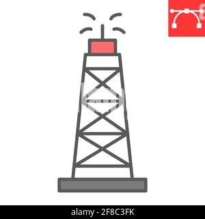 Ölbohrgerät Farbliniensymbol, Kraftstoffturm und Bohrgerät, Ölderrick-Vektor-Symbol, Vektorgrafiken, bearbeitbare Kontur gefüllt Umrisszeichen, eps 10. Stock Vektor