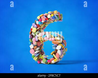 Verschiedene Pillen Stapel in Form von Nummer 6. Geeignet für Medizin, Gesundheit und Wissenschaft Themen. 3D-Illustration mit blauem Hintergrund. Stockfoto
