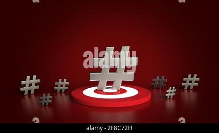 Gruppe von Hashtag-Symbolen auf rotem Hintergrund isoliert. 3D-Illustration. Stockfoto