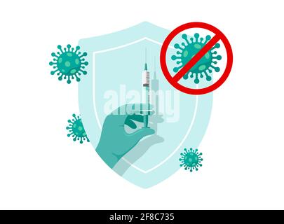 Arzt oder Krankenschwester Hand in grünen Handschuhen halten Coronavirus Infektion Impfspritze auf Schild. Impfung gegen COVID-19. Medizinisch und 2019-ncov p Stock Vektor