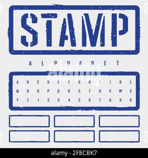 Grober Stempel der Schablonenschrift. Grunge texturierte Schrift. Großbuchstaben und Zahlen im Stempelstil. Plus Grunge strukturierte leere Stempel als Bonus Stock Vektor