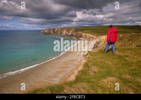 Bergsteiger auf einer Klippe, die die Landschaft des Kilfarrasy Beach beobachtet. Co.Waterford Coastline, Irland Stockfoto