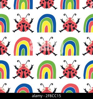 Niedliche Marienkäfer und Regenbögen nahtlose Vektor-Muster Hintergrund. Fröhlich tanzende Marienkäfer im kindlichen Zeichnungsstil. Geometrisches Design in Grundfarben Stock Vektor