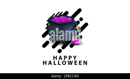 Happy Halloween, weiße stilvolle minimalistische Grußkarte mit Hexenkessel mit Trank Stockfoto