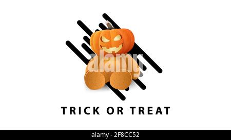 Trick or Treat, weiße stilvolle, minimalistische Grußkarte mit Teddybär und Jack-Kürbis-Kopf Stockfoto