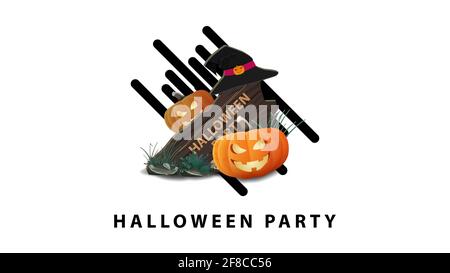 Halloween Party, weiße stilvolle minimalistische Grußkarte mit Holzschild, Hexenhut und Kürbis Jack Stockfoto