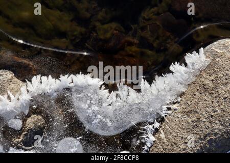 Die kreative Eleganz der Natur: Eisskulpturen, Eisblumen und Reifrost, kombiniert mit dem klaren Wasser und den farbigen Felsen des Yukon River. Stockfoto