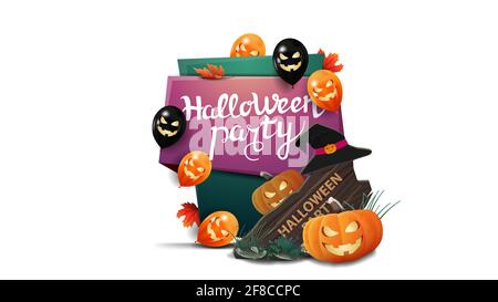 Halloween-Party, Einladung vertikale Karte im Cartoon-Stil mit Halloween-Ballons, Holzschild, Hexenhut und Kürbis Jack Stockfoto