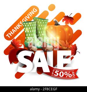 Thanksgiving-Verkauf, bis zu 50 Rabatt, weißes quadratisches Rabattbanner mit großen Buchstaben, rotem Band, Gummistiefeln, Kürbis, Pilzen und Herbstblatt. Gradie Stockfoto