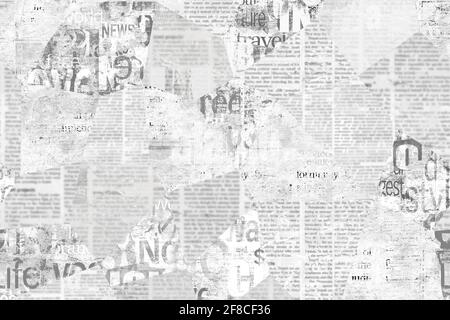 Zeitung Papier Grunge gealterte Zeitungspapier Muster Hintergrund. Vintage alte Zeitungen Schablone Textur. Unlesbare horizontale News-Seite mit Platz für Text Stockfoto