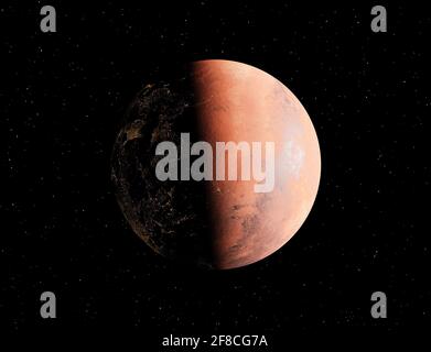 Planet mars mit Lichtern von Zivilisationen in seinem verborgenen Gesicht. Konzept der Kolonisation Stockfoto