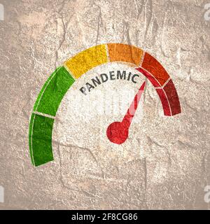 Farbskala mit Pfeil von rot nach grün. Das Symbol für das Pandemiemessgerät. Schild Tachometer, Tachometer, Anzeigen. Farbenfrohe Infografik Gau Stockfoto