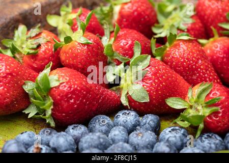 Obst auf dem Teller. Holzoberfläche Stockfoto