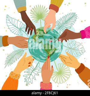 Farbige Vektorgrafik in flacher Ausführung. Happy Earth Day-Konzept mit den Händen von Menschen verschiedener Nationalitäten, die sich auf die Erde ausstreckt. Stock Vektor