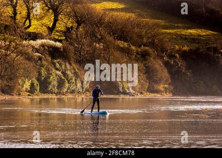 Goldenes Abendlicht als Paddelboarder auf einem Stand Up Paddleboard paddelt bei Flut auf dem Gannel River in Newquay in Cornwall. Stockfoto